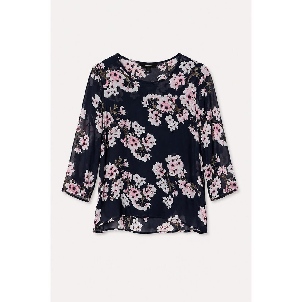 Vero Moda Navy Blue Floral 3/4 Sleeve Pullover Blouse Top Shirt Size Medium